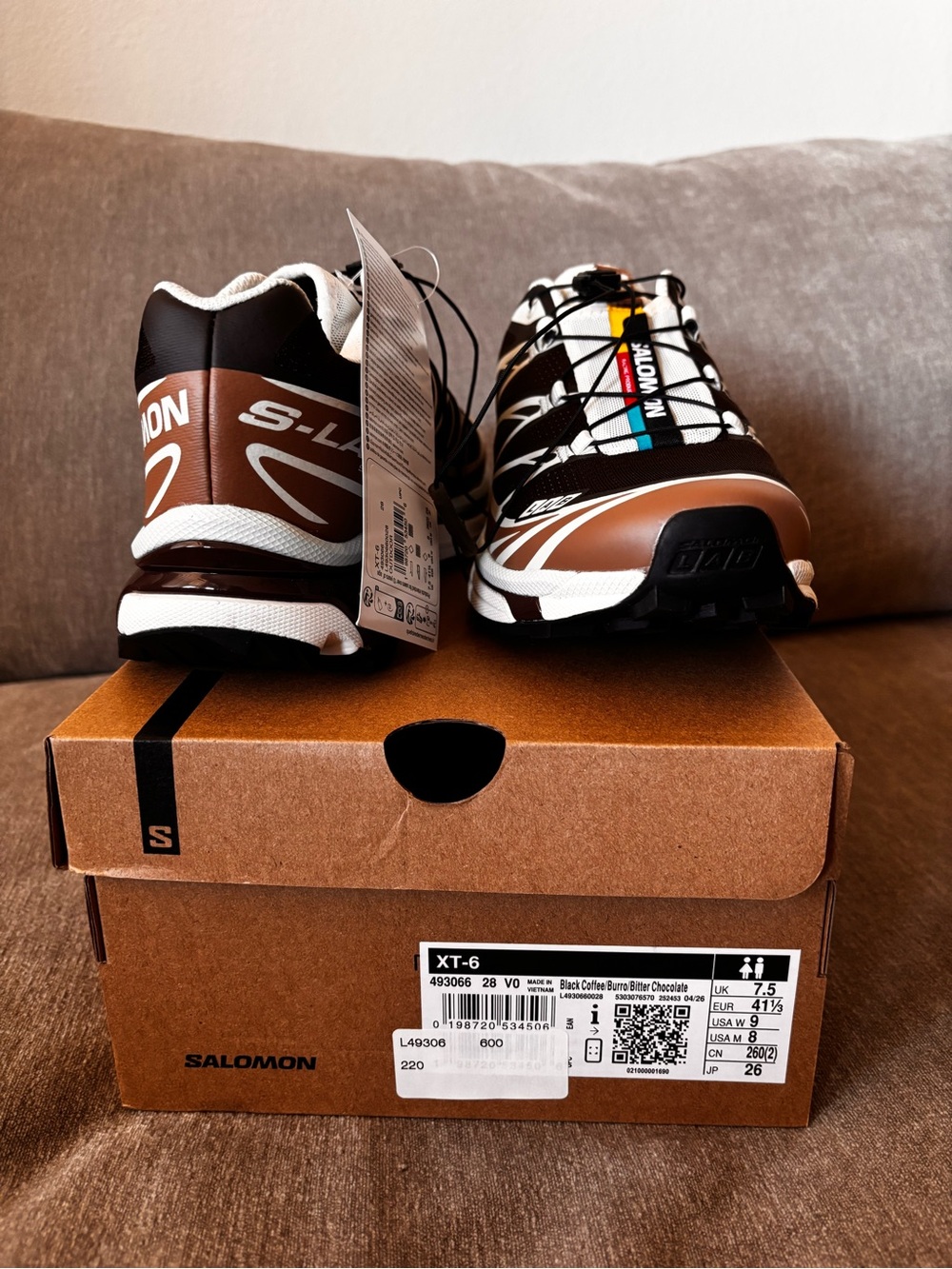 Salomon XT-6 Black Coffee Burro Bitter Chocolate Sneakers W9 / M8 NWT - Picture 3 of 6